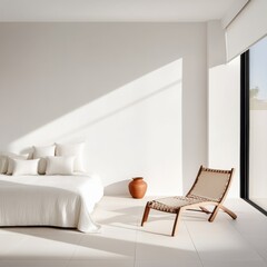 White Bedroom Interior with Chair and Vase in Sunlight,minimalism , home decor