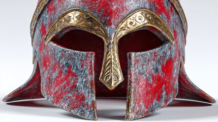 Ancient spartan helmet exhibiting detailed golden ornaments on white background