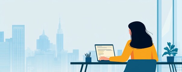 Woman Working on Laptop with City View, Office ,Remote Work
