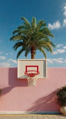 Basketball hoop mounted on beige wall with palm tree and houses in background