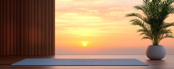 Yoga Mat on Wooden Deck with Sunrise View and Palm, Meditation, Wellness