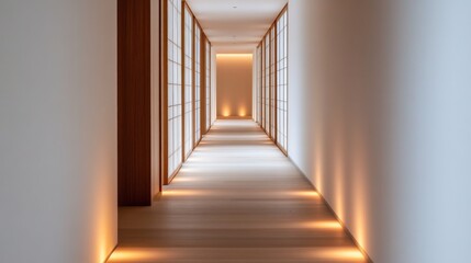 Zen Corridor Warm Light, Minimalist Design, Interior, Architecture