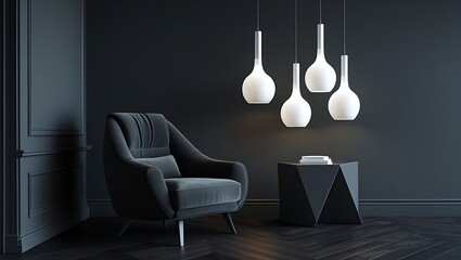A modern living room features a plush armchair and pendant lights against a dark wall