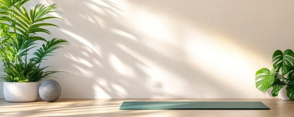 Zen Yoga Studio Sunlight, Plants and Mat on Wood Floor, Wellness , Meditation