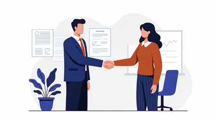 Flat vector a businessman and businesswoman are shaking hands after a successful business deal in an office isolated on white background - Powered by Adobe