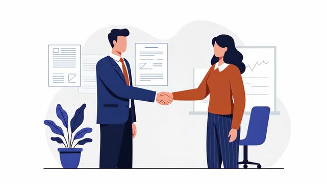 Flat vector a businessman and businesswoman are shaking hands after a successful business deal in an office isolated on white background