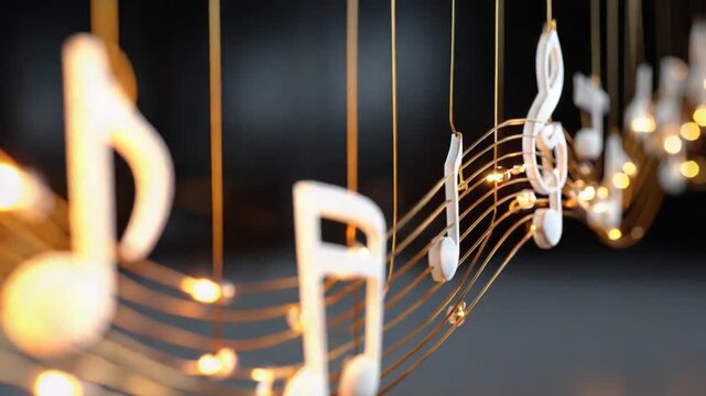 Abstract Music Notes Display With Golden Strings and Glowing Accents on Dark