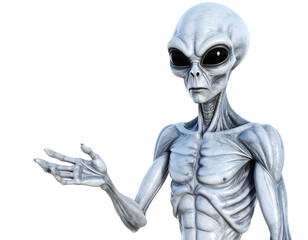 An enigmatic grey alien with large dark eyes and a slender body extends its hand in a welcoming gesture.