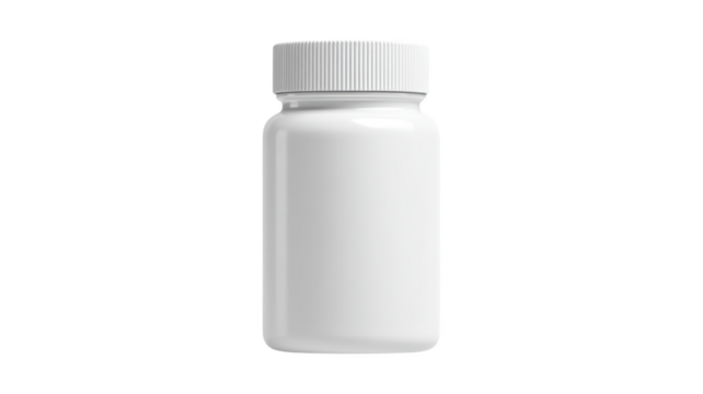 Round glossy white bottle with ribbed cap isolated On Transparent Png Background.