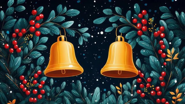 Two golden bells hang amidst a lush arrangement of greenery and vibrant red berries, creating a festive and cheerful atmosphere perfect for holiday celebrations.