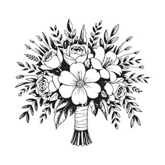 Elegant Floral Bouquet Sketch Featuring Roses, Lilies, and Delicate Foliage Wrapped with a Textured Ribbon for a Wedding