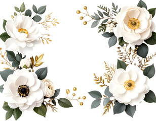 Exquisite white floral blooms and golden leaves gracefully frame a decorative space.