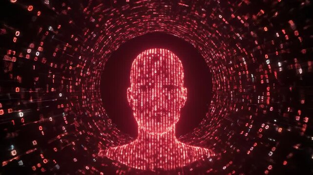 Digital Human in Data Stream Tunnel - AI and Virtual Reality Concept