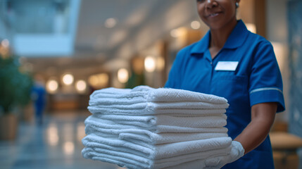 In a hospital hallway with polished floors and soft lighting, a nurse in blue folds pristine white towels with care, symbolizing the quiet labor that upholds medical professionalis