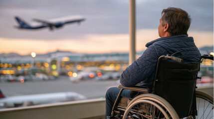 Traveler in a wheelchair near an airport window, golden light casting soft shadows as a jet ascends in the distance