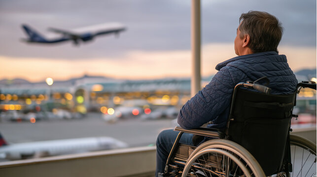 Traveler in a wheelchair near an airport window, golden light casting soft shadows as a jet ascends in the distance