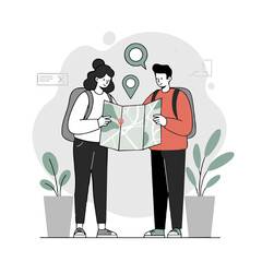 Couple looking at map and planning their trip with backpacks on  