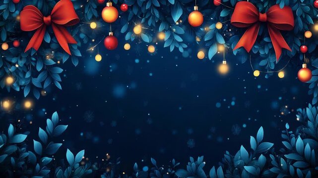 A vibrant festive background showcasing colorful ornaments and elegant bows against a deep blue canvas, perfect for holiday-themed projects and seasonal celebrations.