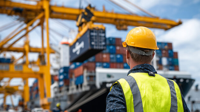 Massive gantry crane lifting container off deck of a container ship, ship crew visible watching operation from the bridge. - Powered by Adobe