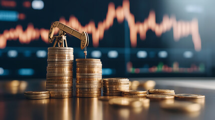 Oil pump model atop coin stacks, depicting petroleum industry finances against a fluctuating graph backdrop, symbolizing investment risks and gains.
