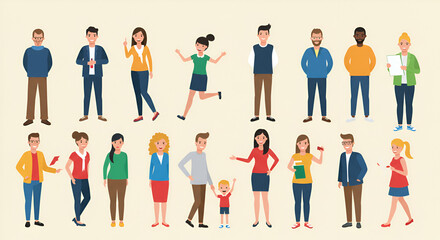 Fototapeta premium Diverse cartoon crowd of standing adults child