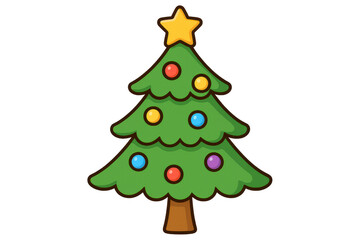 Fototapeta premium Cartoon christmas tree sparkling with vibrant ornaments, featuring golden star topper against transparent background
