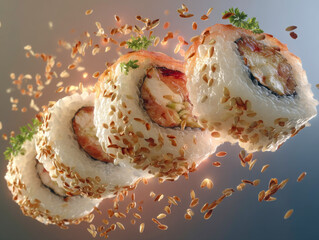Close-up of gourmet sushi rolls dramatically suspended in midair, surrounded by flying sesame seeds and fresh herbs, capturing vibrant freshness and the dynamic energy of Japanese cuisine.