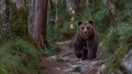 Fototapeta premium Thick-coated brown bear makes its way rightward through the heart of a dense forest, dirt path winding beneath ancient trees and bright specks of daylight from above.