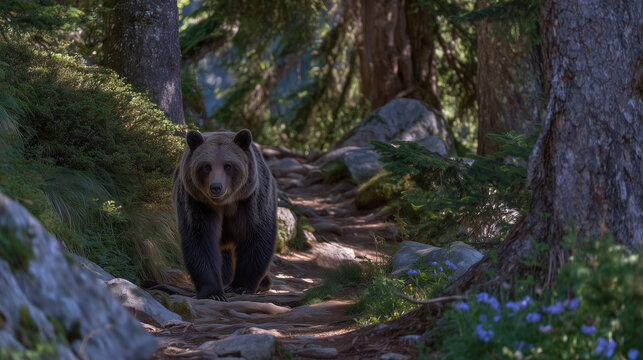 Thick-coated brown bear makes its way rightward through the heart of a dense forest, dirt path winding beneath ancient trees and bright specks of daylight from above.
