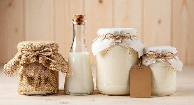 Arrangement of glass jars and bottle filled with white liquid on a wooden surface against wood panels
