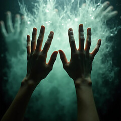 Unseen forces made visible: hands interacting with an iridescent, particulate cloud, suggesting energy manipulation, a digital interface, or the ethereal beauty of a dreamscape.
