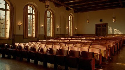 Auditorium with rows of empty red chairs illuminated by sunlight through arched windows