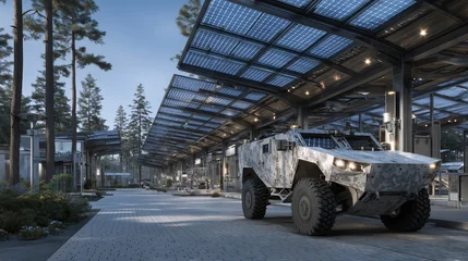 Tableau sur plexiglas Véhicules Looking out from under a solar panel array near a sustainability-oriented military post, electric military vehicles charge on paved lots against a backdrop of pine forest.  © Maksym
