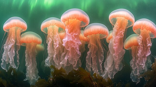 A cluster of jellyfish swimming gracefully in the ocean with a green and blue background scene view
