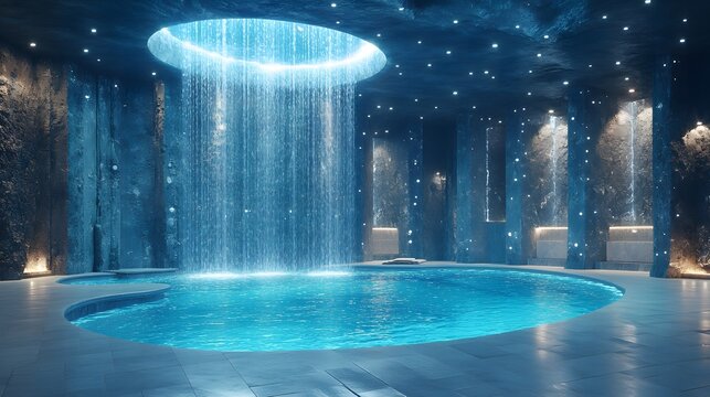 Indoor spa with a waterfall cascading into a pool and starry lights on the ceiling in a cave like setting - Powered by Adobe