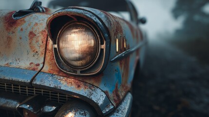 Closeup of abandoned rusting blue car