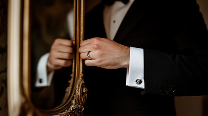 Obraz premium Elegant man in black tuxedo adjusting cufflinks in front of mirror, wearing wedding ring. Formal groom or businessman preparing for event. Luxury, style, and sophisticatio 