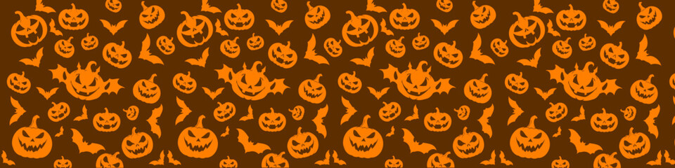 Seamless Brown and Orange Halloween Background with Pumpkin Faces, Bats and Cartoon Elements for Fabric and Decoration. vector