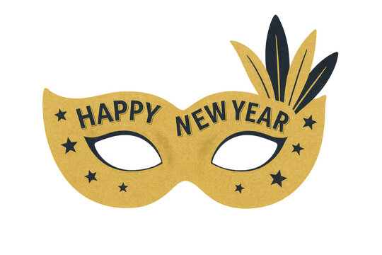 Golden party mask adorned with feathers, stars, sparkling happy new year text celebrating festive holiday season