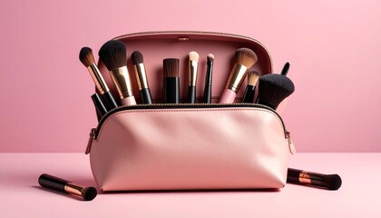 Pink makeup bag open with brushes mascara and blush on pink background beauty accessories