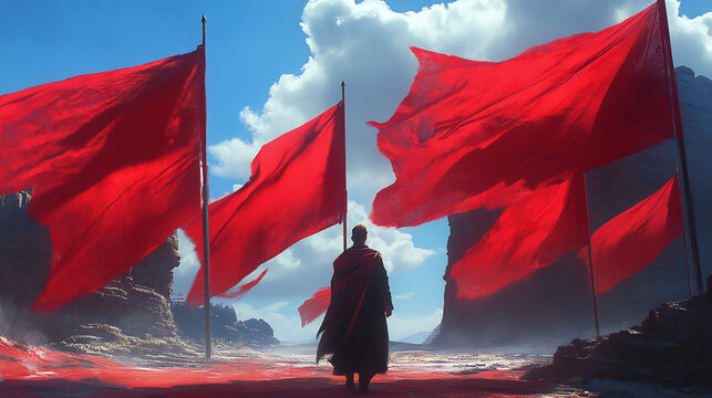 Defiant Figure Amidst Red Flags Symbolizing Revolution and Protest