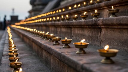 Khao Phansa, Rows of Lit Oil Lamps on Stone Steps, Creating Warm, Golden Light
