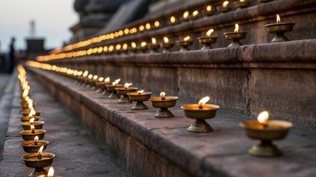 Khao Phansa, Rows of Lit Oil Lamps on Stone Steps, Creating Warm, Golden Light