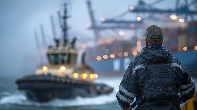 Male pilot stands near the stern rail of a powerful tugboat, approaching a massive cargo ship in a foggy harbor, with cranes and container stacks barely visible through the mist. - Powered by Adobe