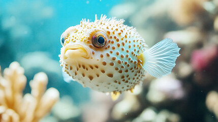 Obraz premium Adorable Puffer Fish Swimming in Tropical Coral Reef Aquarium