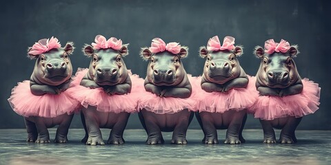 A row of five hippos wearing pink tutus and bows standing against a dark gray background