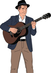 Obraz premium A man in a hat and suit plays an acoustic guitar.