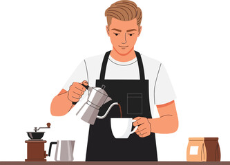 A barista pouring freshly brewed coffee into a white mug, preparing a beverage.
