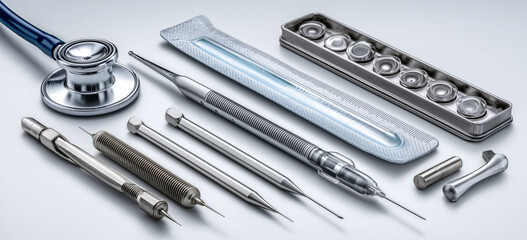 Various medical instruments are arranged on a white surface