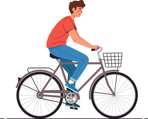 Obraz premium A young man with brown hair rides a bicycle with a basket on a white background.